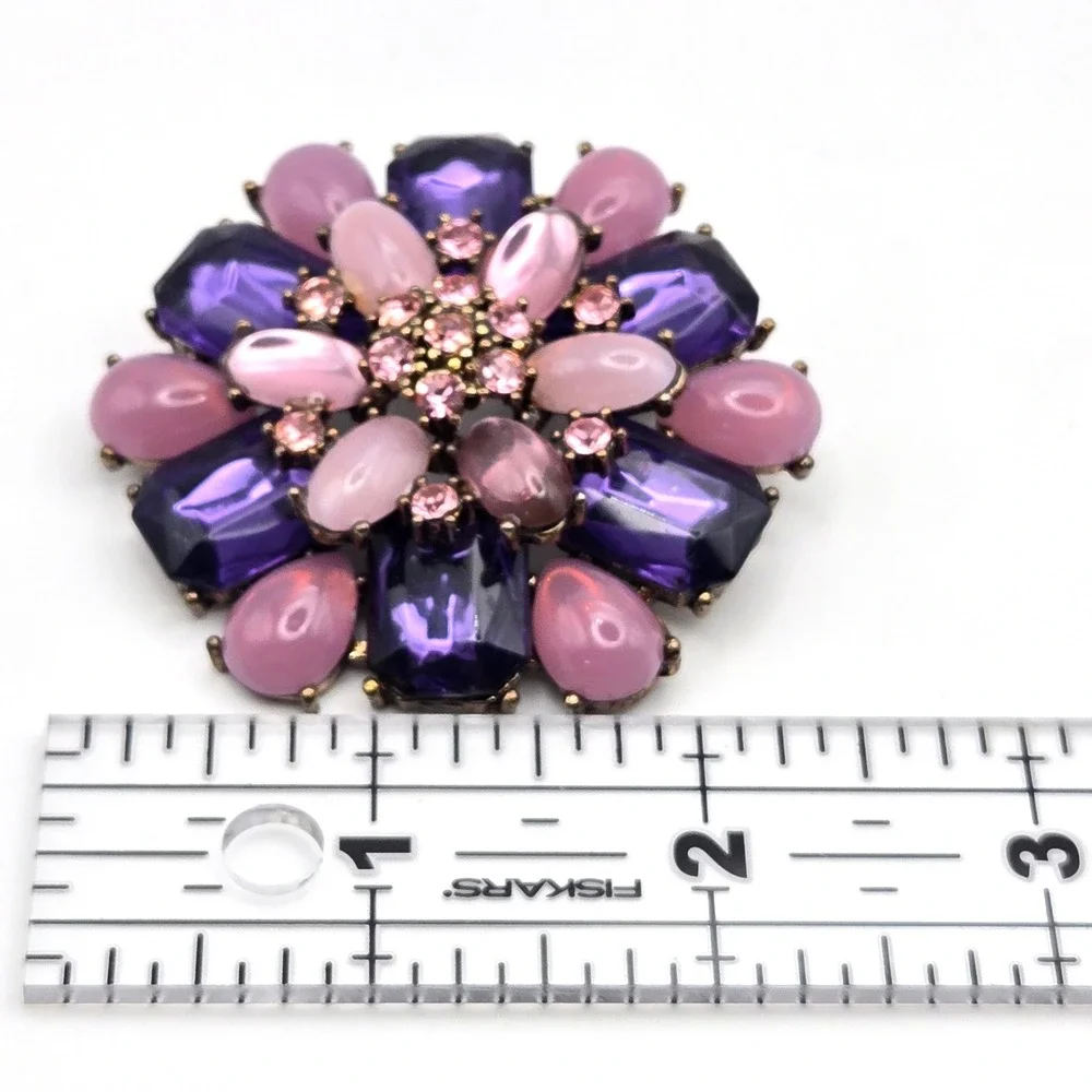 Fortunoff Vintage‎ Purple Pink Rhinestone Cabochon Flower Brooch Pin 2.5 Inch